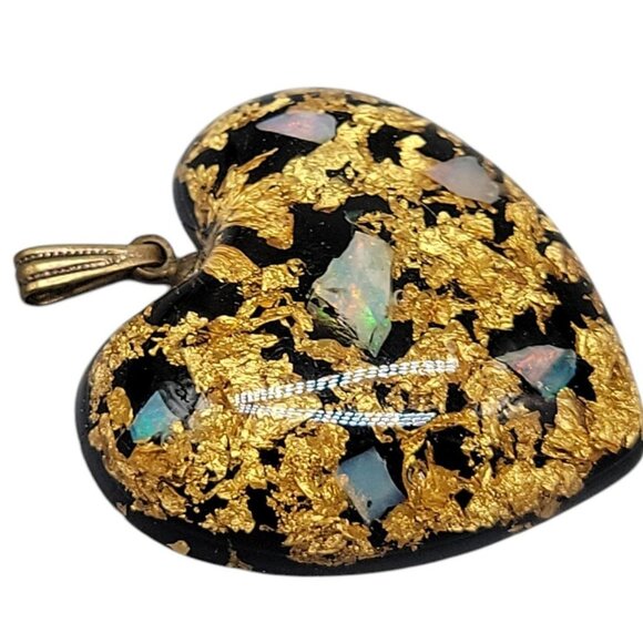 Heart Shaped Floating Gold MOP Pendant Translucent Semi Precious Flakes - Picture 3 of 7